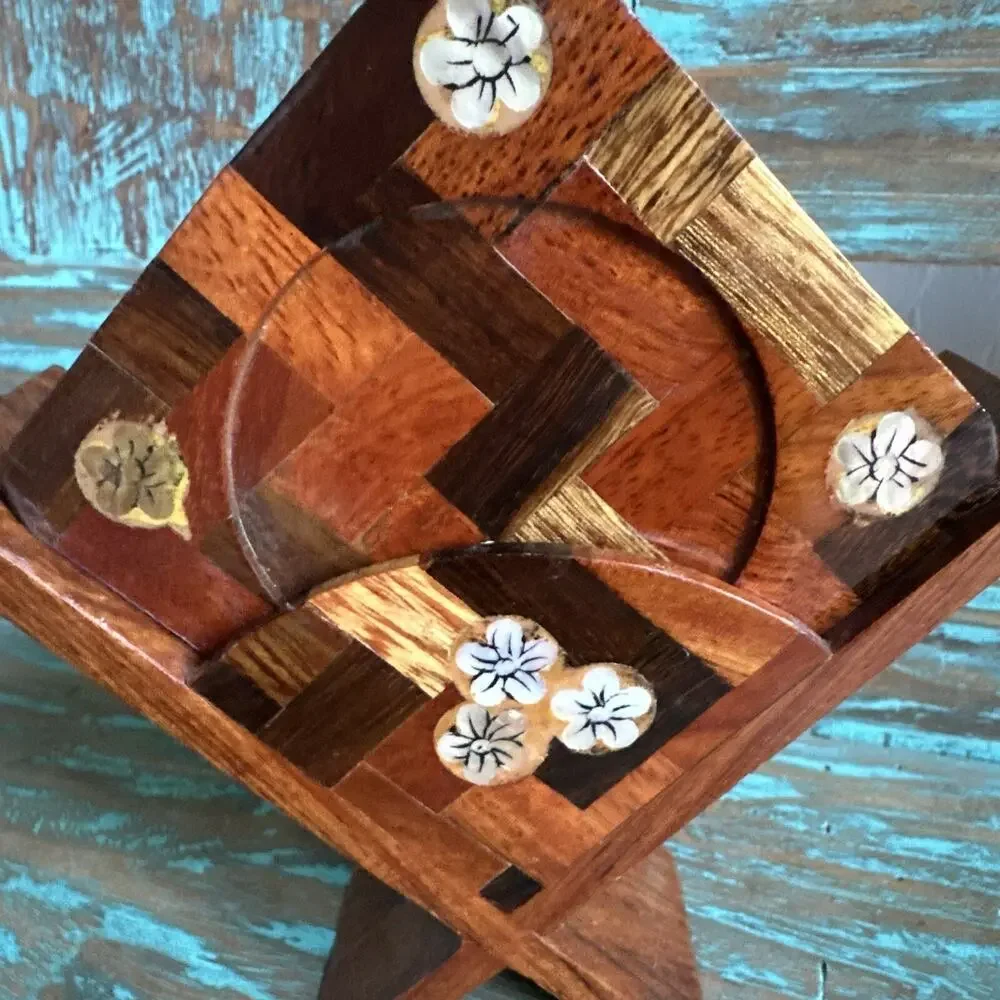 Vintage Lacquered Coasters Wooden Flowers Holder Square Boho Granny Set Cottage